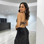Women's Sequin Halter Backless Slit Bodycon Maxi Dress