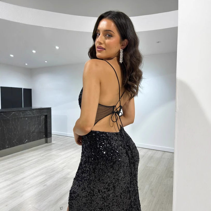 Women's Sequin Halter Backless Slit Bodycon Maxi Dress