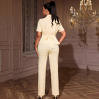 Collared Hollow Out Cutout Button Lace Up Waist Trimming Shirt All Matching Straight Two-Piece Set