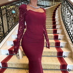 Women's Wine Red Lace Cutout Long Sleeve Maxi Dress