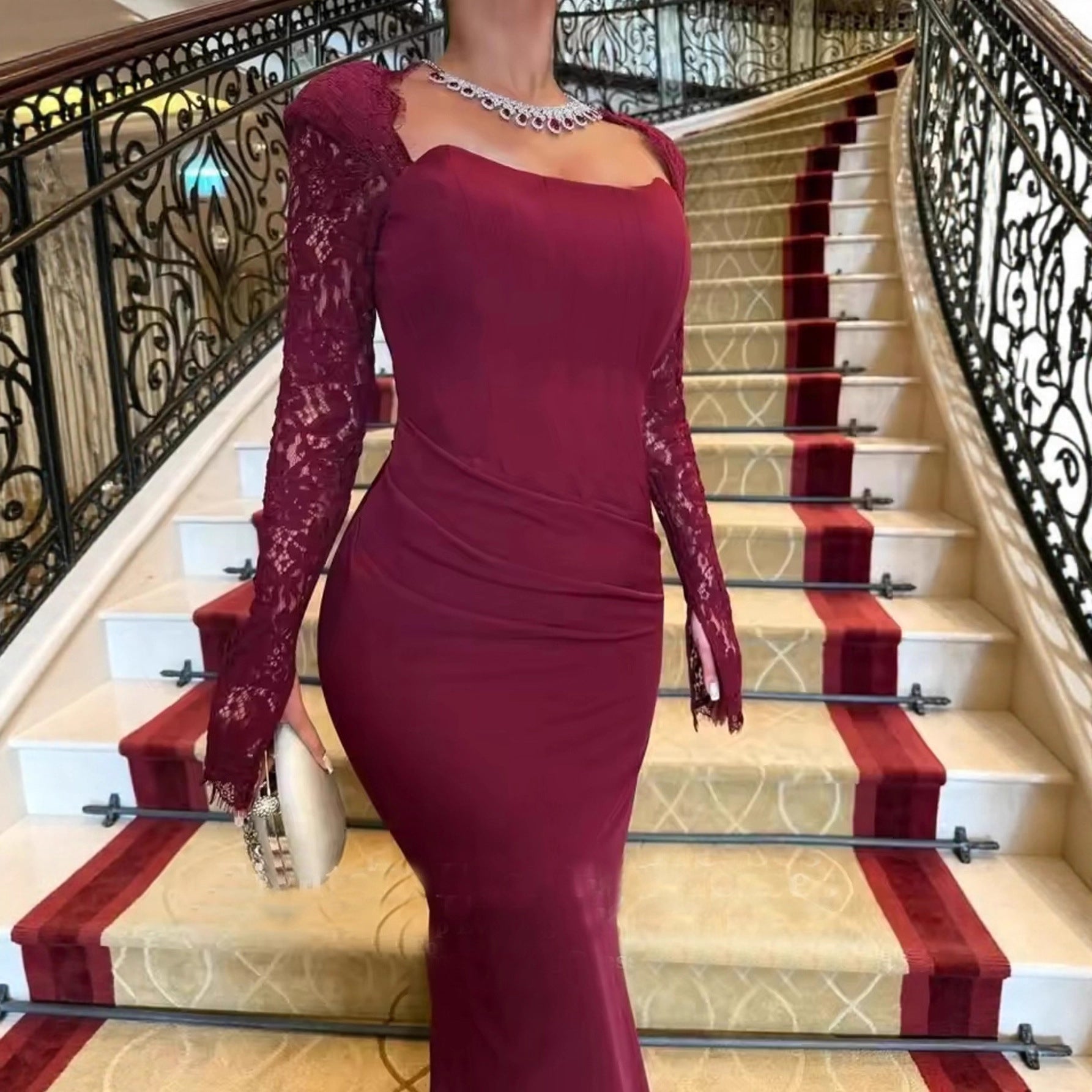 Women's Wine Red Lace Cutout Long Sleeve Maxi Dress