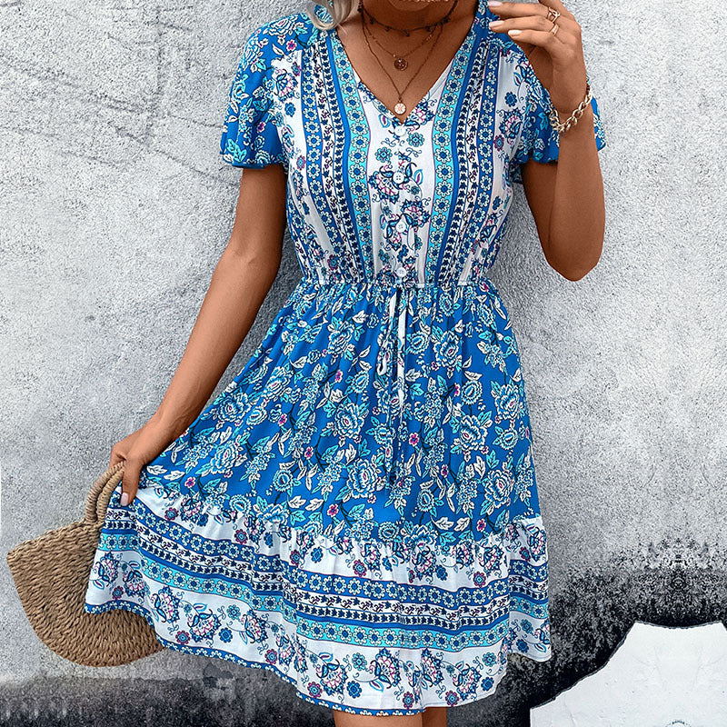 Women's V-Neck Floral Puff-Sleeve Dress