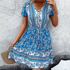 Women's V-Neck Floral Puff-Sleeve Dress
