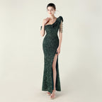 Women's One Shoulder Sequin Beaded Ruffled Maxi Dress