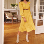 Women's V-Neck Long Sleeve Slit A-Line Midi Dress
