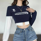 Women's Printed Contrast Cropped Long Sleeve Top