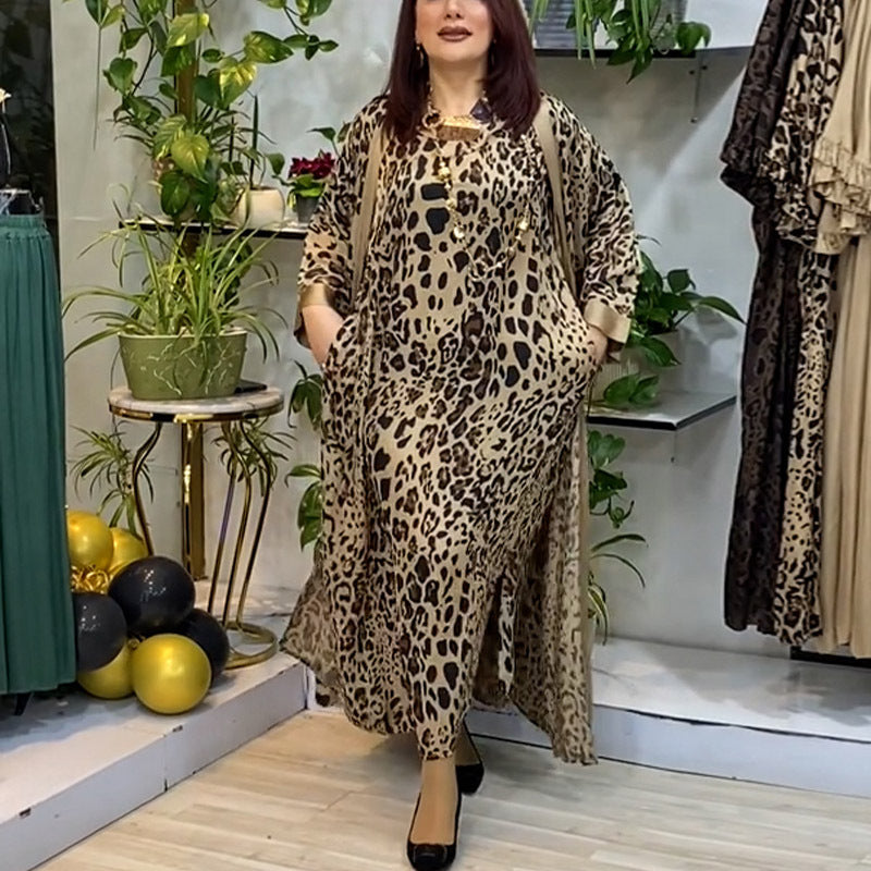 Leopard-Print Dress & Shawl Two-Piece Set