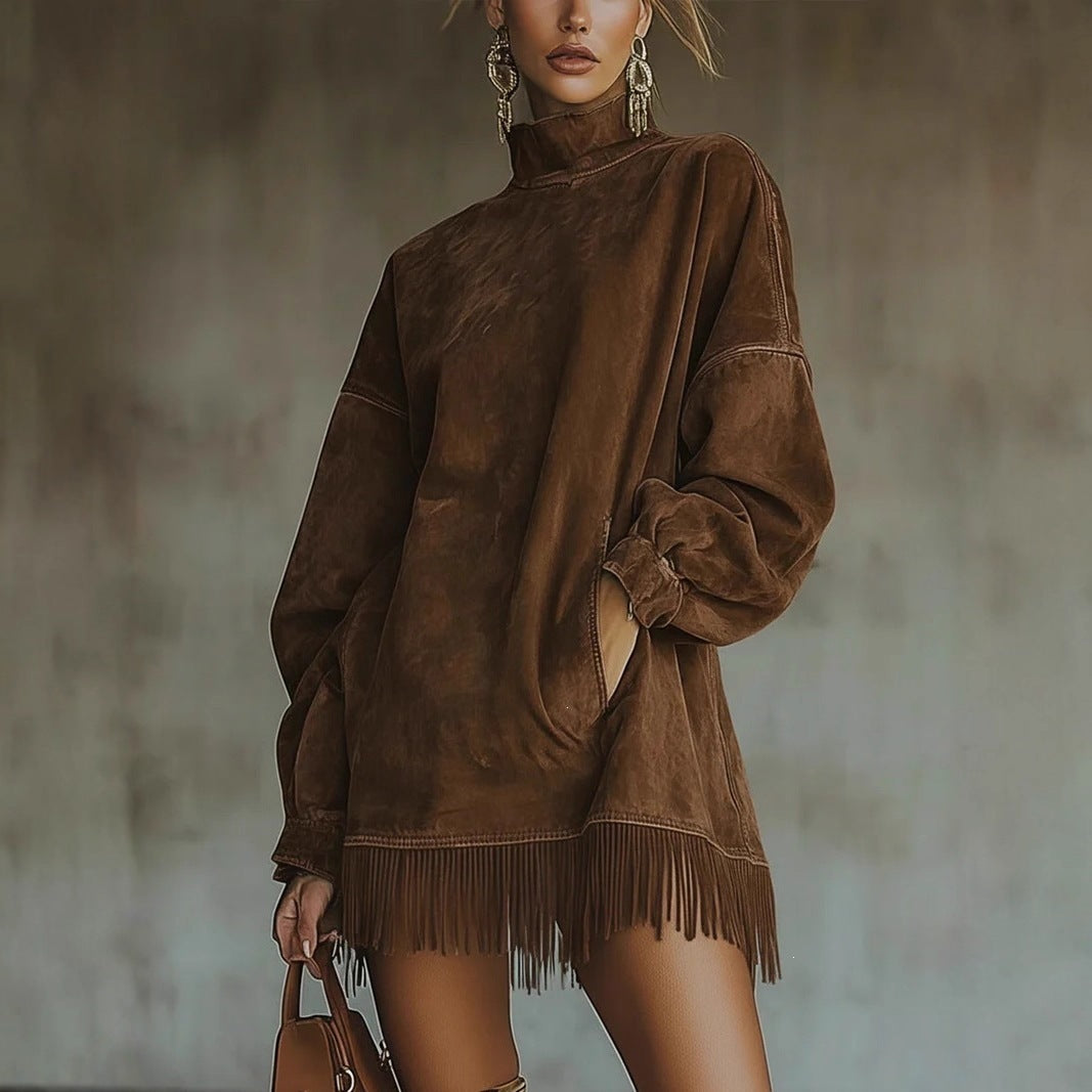 Women's Suede Tassel Long Sleeve Dress