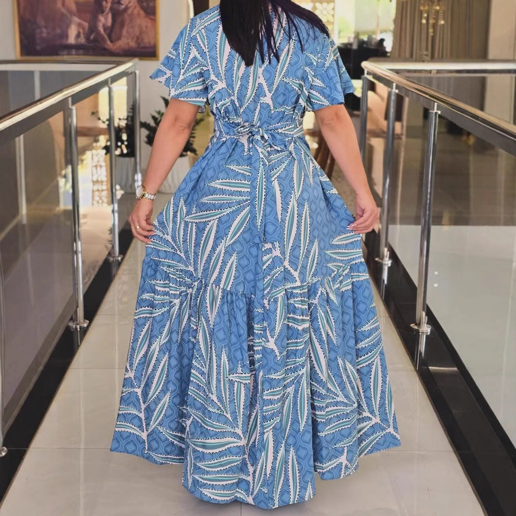 Women's Tropical Print Waist Detail A Line Dress