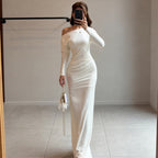 Women's Solid Color Diagonal Collar Long Sleeve Slit Dress