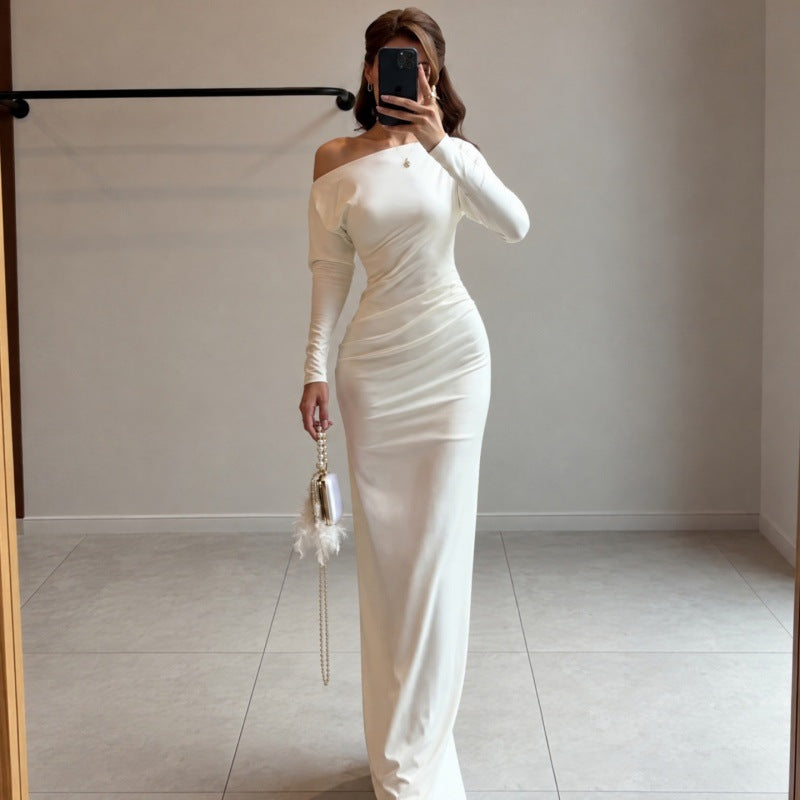 Women's Solid Color Diagonal Collar Long Sleeve Slit Dress