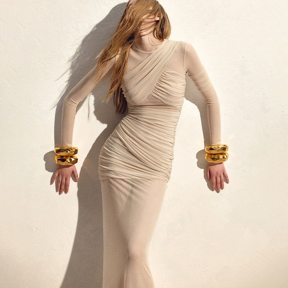 Women's Sheer Mesh Pleated Maxi Dress