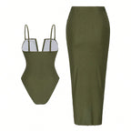 Swimwear Sexy Deep V Plunge neck Pleated High Slit Tube Top Dress Sexy