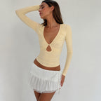 Solid Color Simple Hollow Out CO Sexy V neck Long Sleeved T