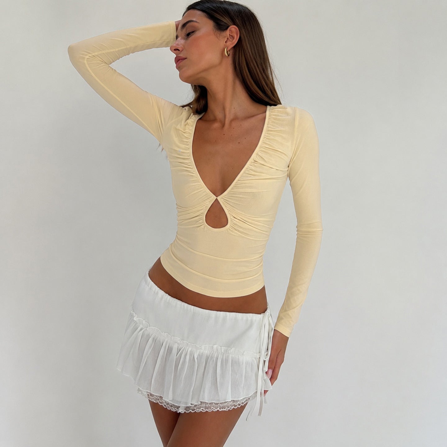 Solid Color Simple Hollow Out CO Sexy V neck Long Sleeved T
