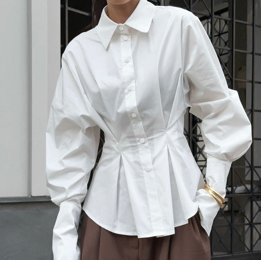 Women's Luxury Pleat Waisted Slim-Fit Long-Sleeved Collared Shirt