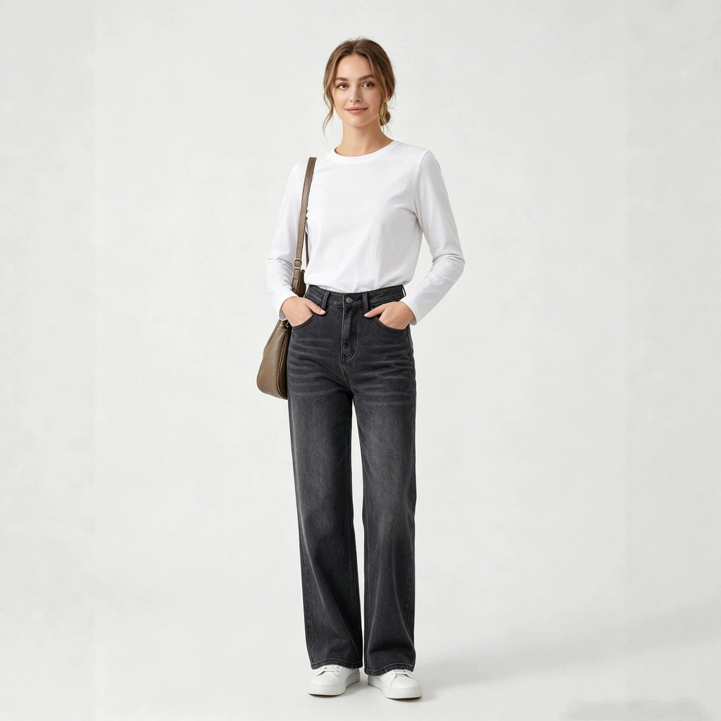 HW Loose Straight Casual All Match Washed Women Jeans