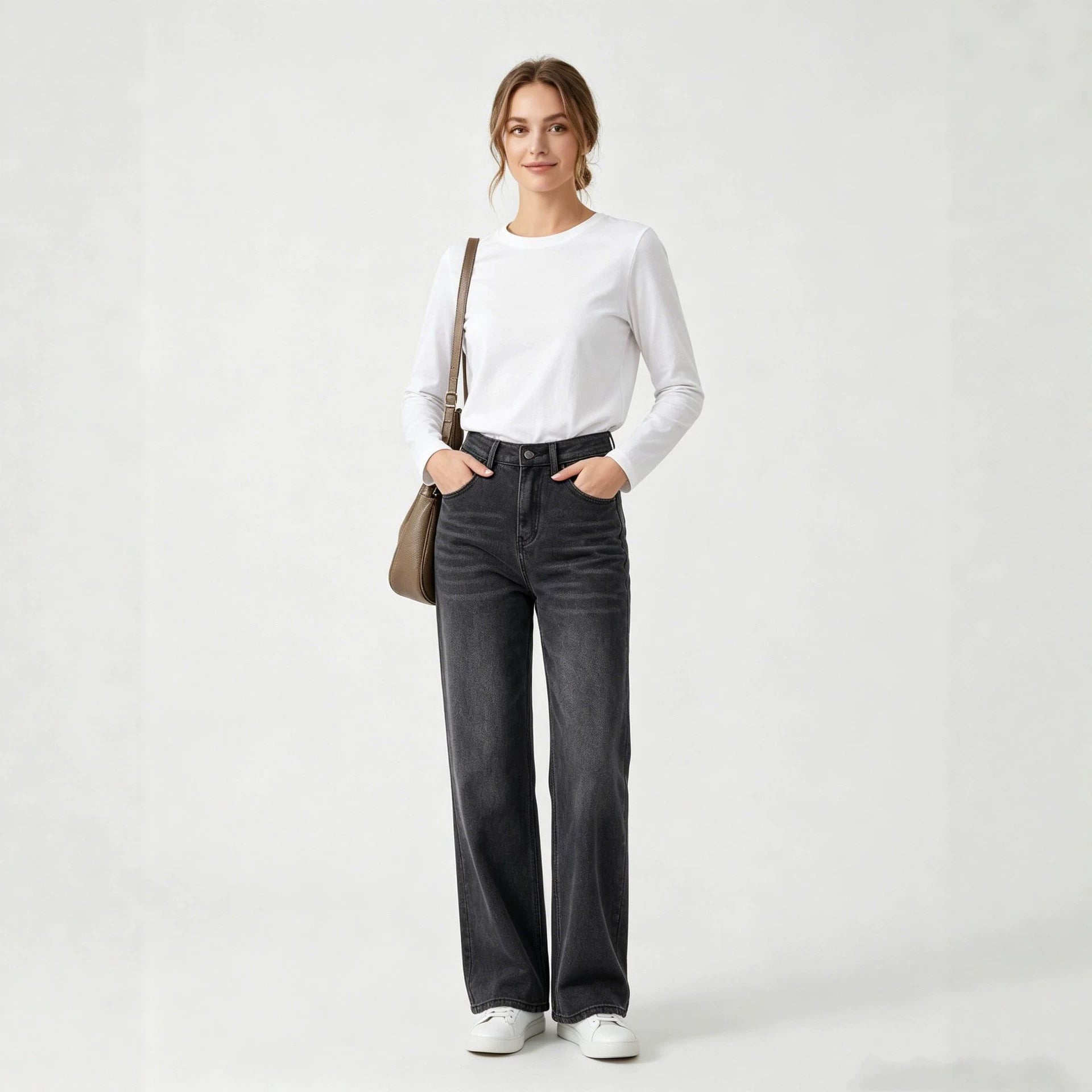 HW Loose Straight Casual All Match Washed Women Jeans
