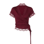 Women's Clothing Lace V Neck Slim Fit Short Sleeved Ribbon Casual T Shirt Top