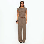 Women Clothing Summer Knitted Striped Color Matching Short Sleeve Top Wide Leg Trousers Two Piece Set