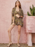 Green Paisley Printing Vacation Skirt Three-Piece Set