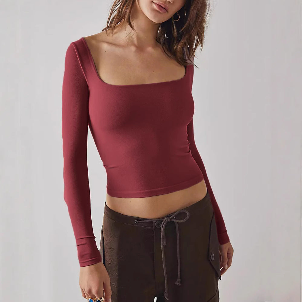Women's Autumn Winter Women Clothes Long Sleeve T Shirt Solid Color Bare Cropped Short Square Collar Bottoming Top