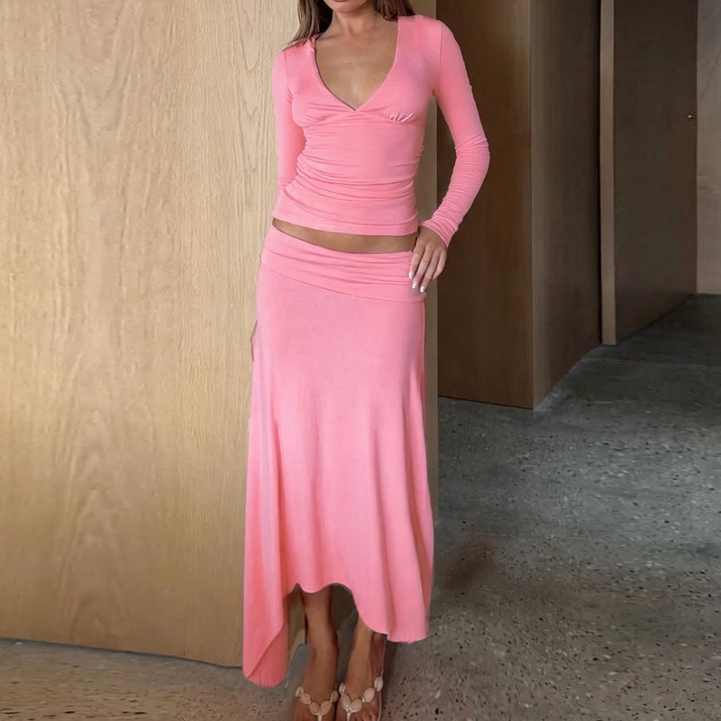 Women's V-Neck Top And Skirt Set