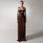 Women's Brown Backless Ruched Slit Cami Maxi Dress