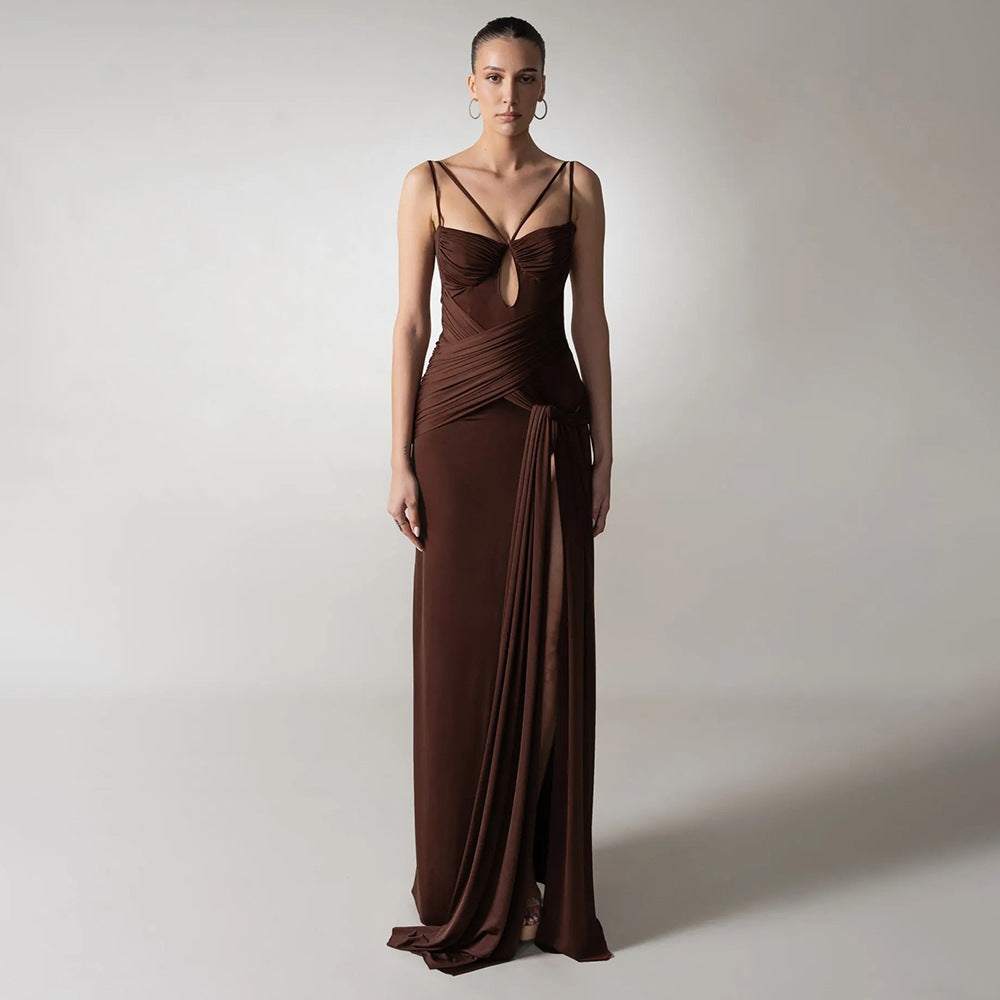 Women's Brown Backless Ruched Slit Cami Maxi Dress