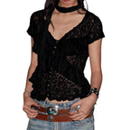 Women's Spring Summer Women Tops Retro V Neck Ribbon Lace Cardigan Short Sleeve