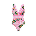Pink floral one-piece swimsuit with V-neck and cinched waist
