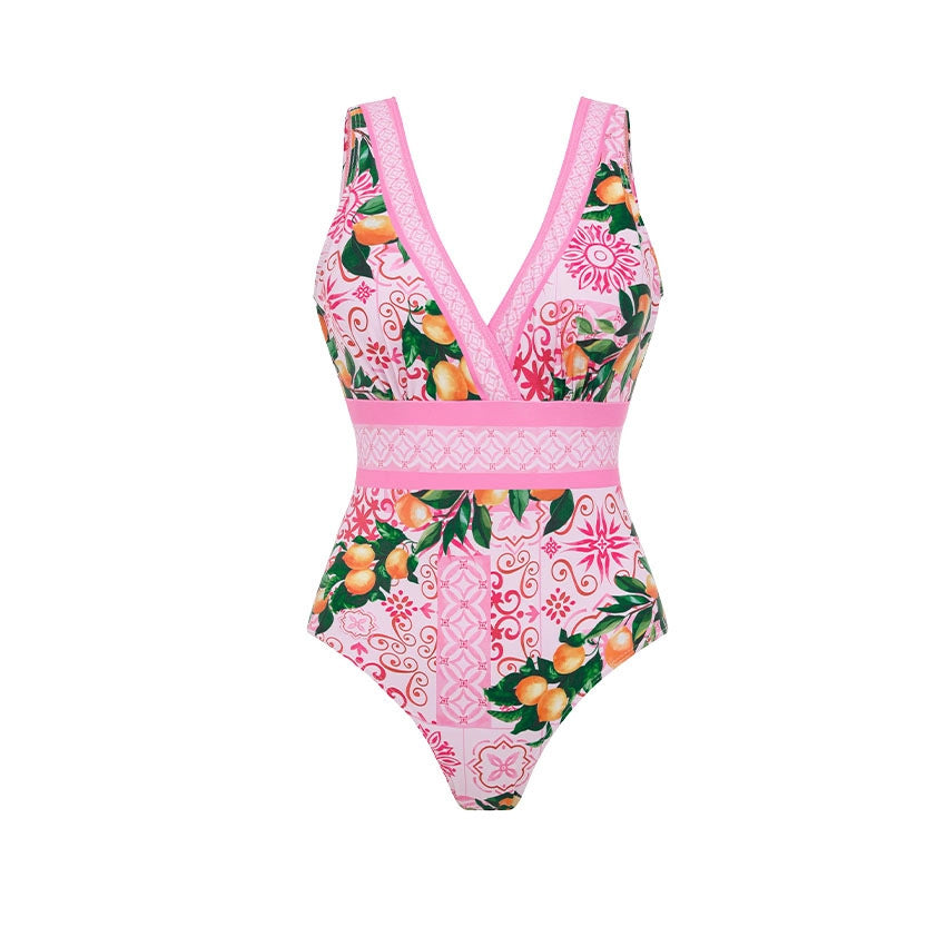 Pink floral one-piece swimsuit with V-neck and cinched waist