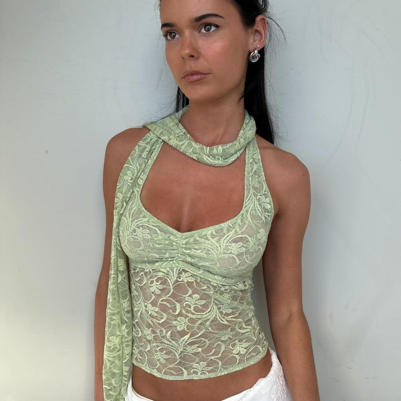 Lace See Through Decorative Ribbon Short Halterneck Vest Top