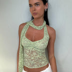Lace See Through Decorative Ribbon Short Halterneck Vest Top