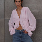 Sexy Lace Up Long Sleeve Top Pleated Loose Design French Shirt