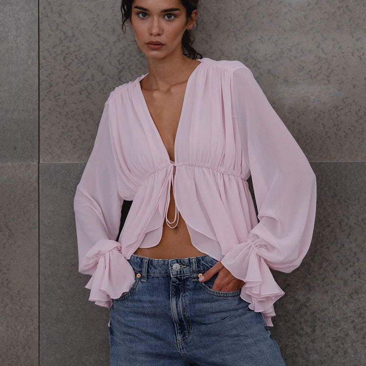 Sexy Lace Up Long Sleeve Top Pleated Loose Design French Shirt
