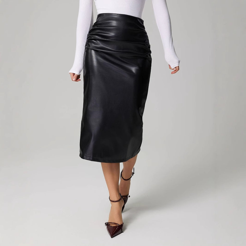 Back Slit Ruffle Hip Faux Leather Skirt