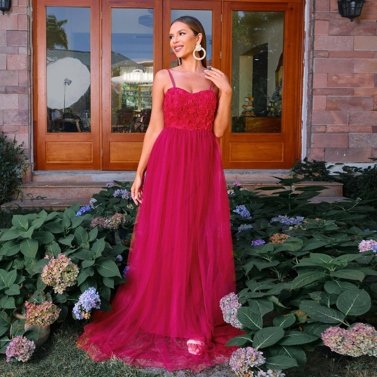 Women's Burgundy Mesh Spaghetti Strap Evening Dress