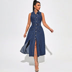 Sleeveless Collared Denim Split Maxi Dress