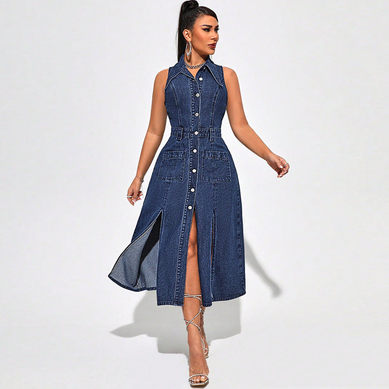 Sleeveless Collared Denim Split Maxi Dress