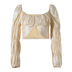 Women's Short Cardigan Top Women Spring Sexy Silver Silk Gloss Long Sleeve Square Neck Short Shirt