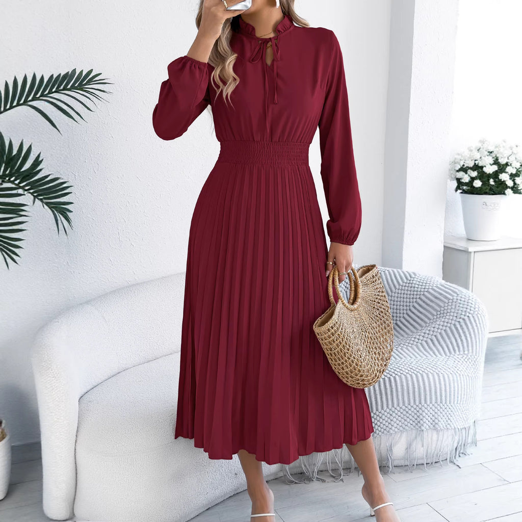 Elegant Lace-Up Lantern-Sleeve Pleated Dress