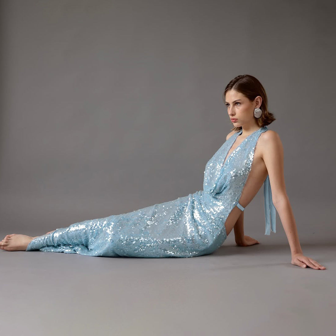 Women's Sequin Halter Backless Slit Maxi Dress