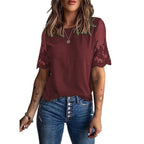 Women's Summer Women Round Neck Short Sleeve Top Lace Chiffon Shirt