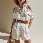 White off Shoulder Clothes Short Sleeve Waist Controlled Office Overalls Vacation Casual Romper
