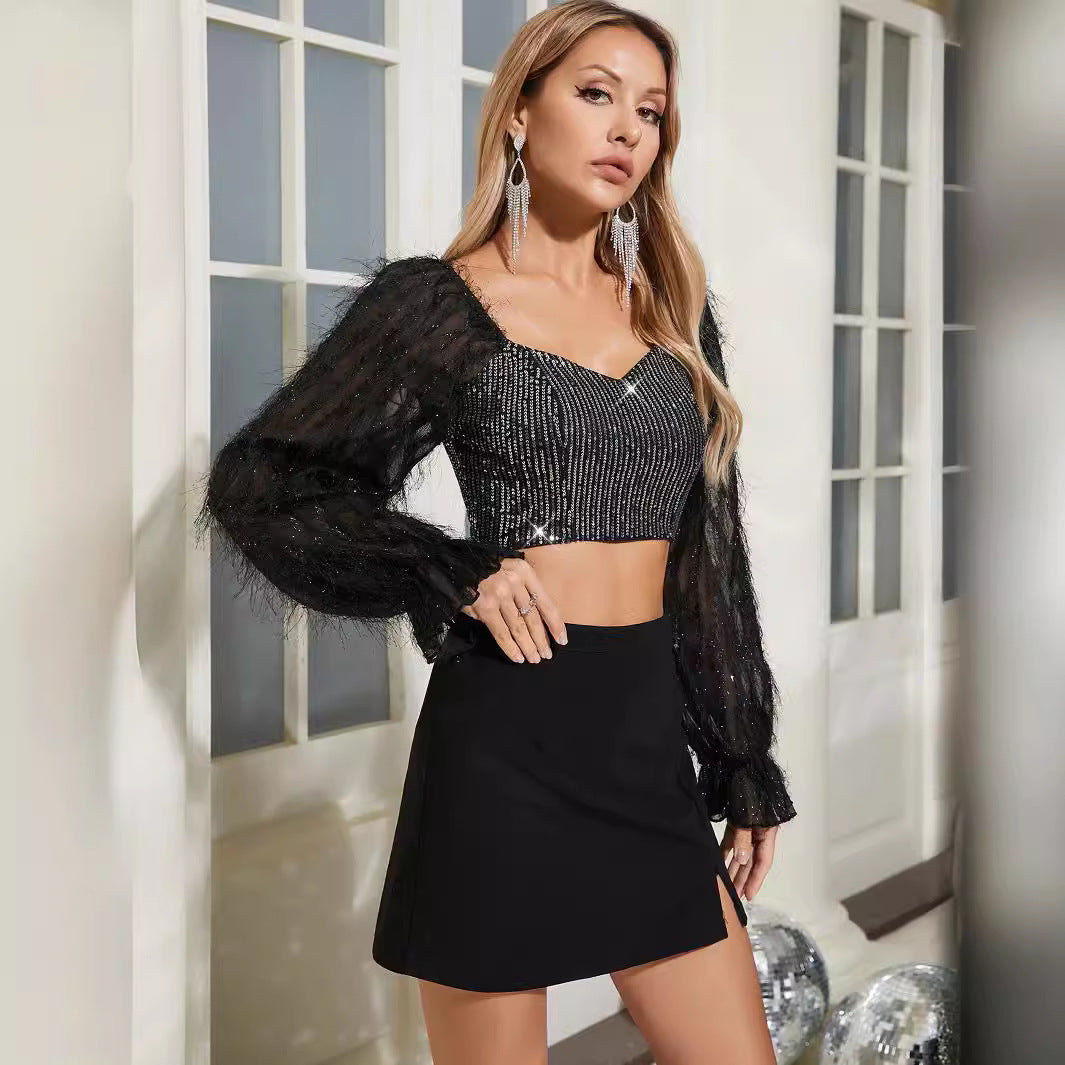 Women's Sequined Backless Long Sleeve Crop Top