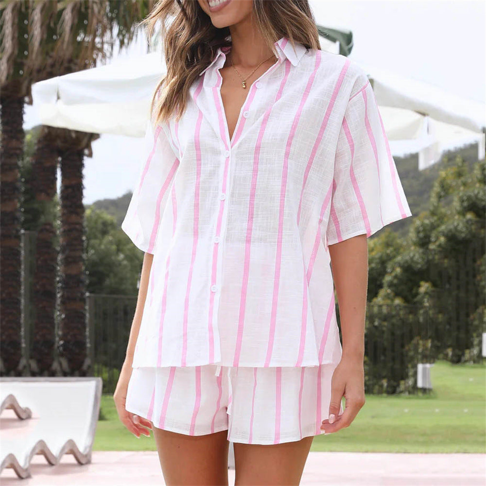 Women's Spring Summer Striped Printed Short-Sleeve Shirt Shorts Suit Beach Casual Two-Piece Suit Clothing