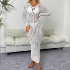 White lace long-sleeve dress with V-neck tie, fitted midi silhouette