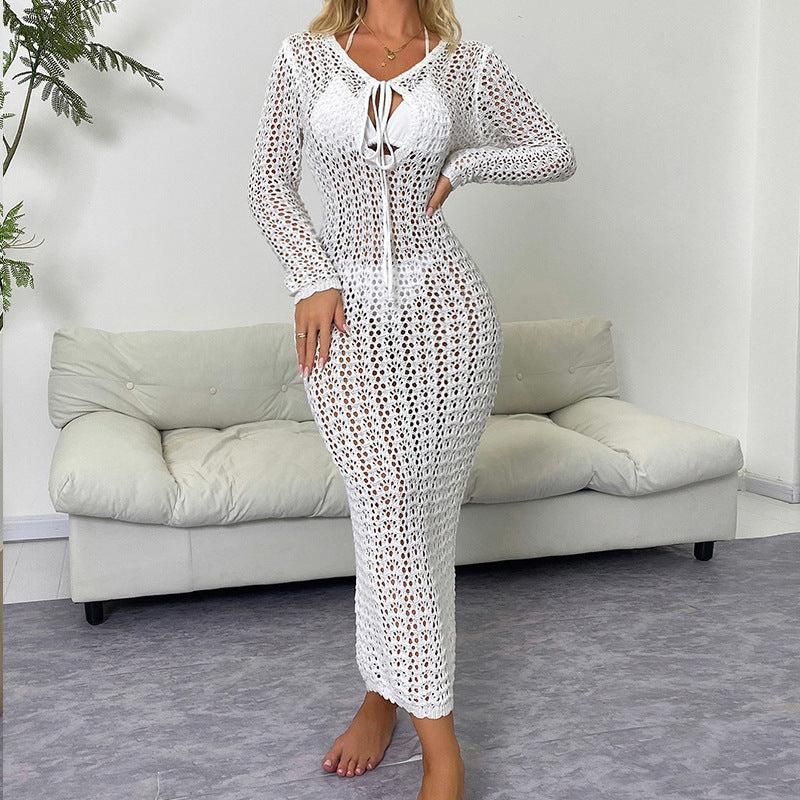 White lace long-sleeve dress with V-neck tie, fitted midi silhouette