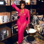 Women's Mesh V-Neck Ruffled Bodycon Maxi Dress